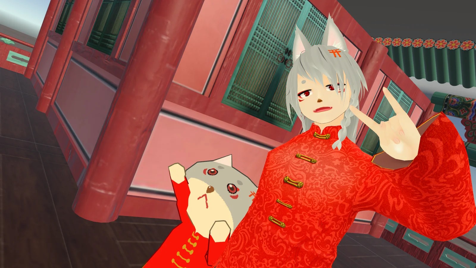 赤い服のアバター姿の匠