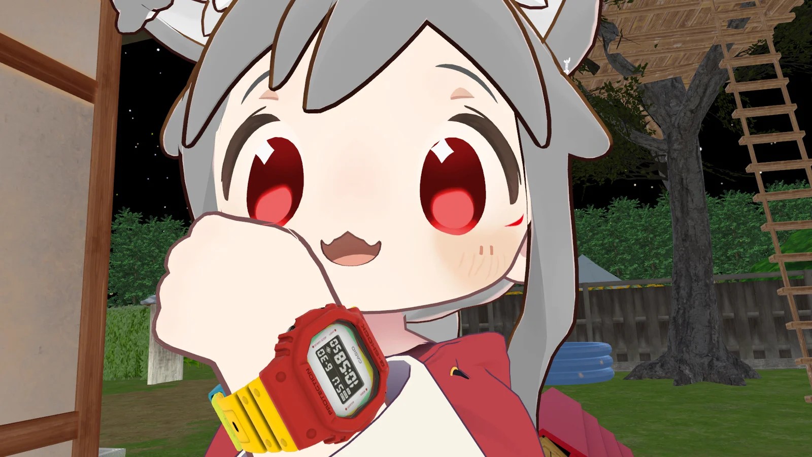 VRChatの現場で、赤い服のアバター姿で笑う匠